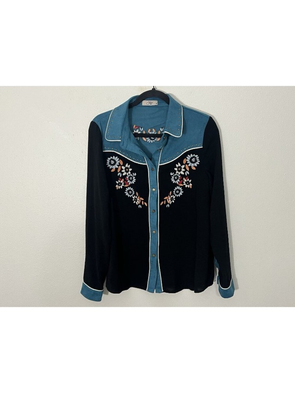 John Moon Texas Fringe Western Shirt Medium Turquoise Black Floral Embroidered